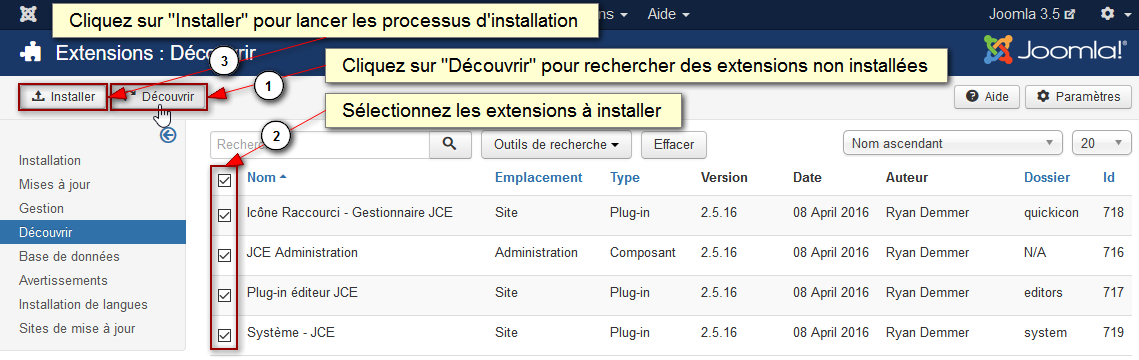 Installation de JCE avec la fonction Découvrir