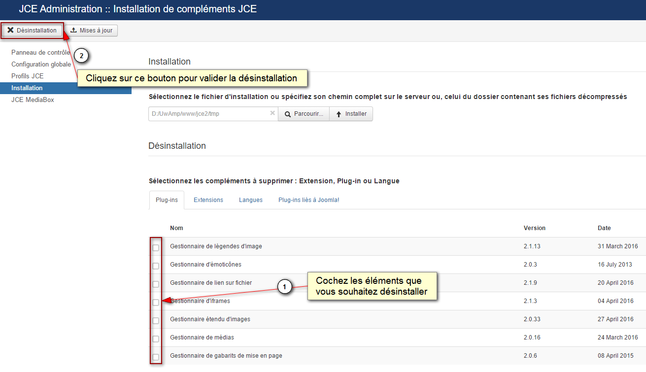 Gestion des extensions de JCE
