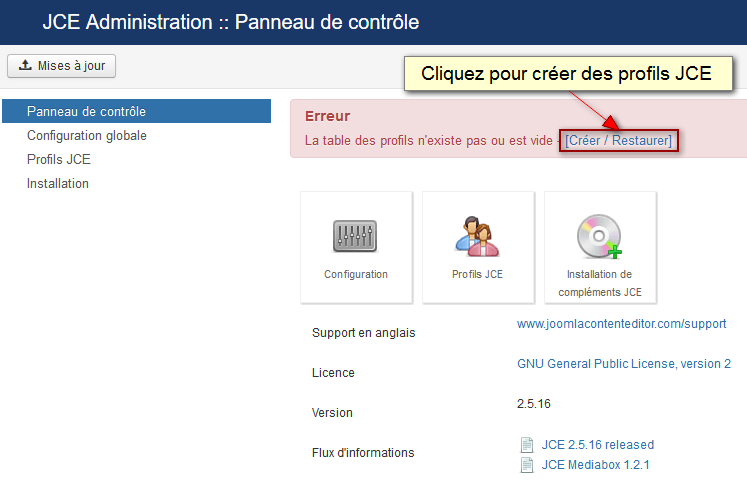 Restaurer les profils JCE