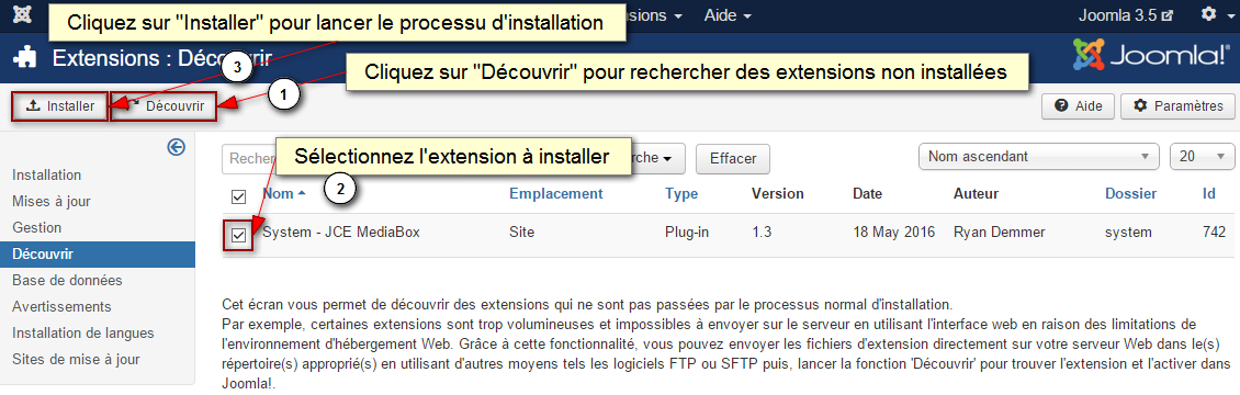 Installation de JCE MediaBox avec la fonction Découvrir